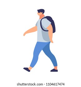 A man in flat style. Young man with a backpack, dressed in a T-shirt and jeans. Modern young man isolated on white background. Vector illustration.