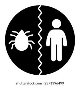 El hombre y la pulga dividieron el icono sólido, el concepto de control de plagas, el control de insectos y el signo del servicio de exterminio en el fondo blanco, Tenga cuidado con el icono del emblema de parásitos en estilo glifo. Vector