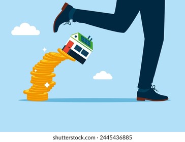 Man fled from a falling house. The house fell from a pile of coins. Flat vector illustration