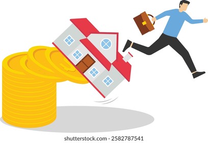 Man fled from a falling house. The house fell from a pile of coins. Flat vector illustration

