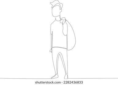 Un hombre huyó buscando ayuda. Dibujo de una línea para refugiados
