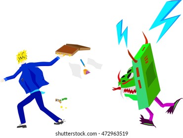 Man flees from rampaging technology, with a briefcase.
