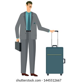 The man flew by plane to the destination. Got baggage and goes about his business. Vector illustration.