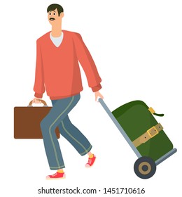 The man flew by plane to the destination. Got baggage and goes about his business. Vector illustration.
