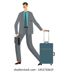 The man flew by plane to the destination. Got baggage and goes about his business. Vector illustration.