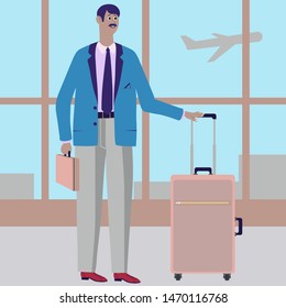 The man flew by plane to the destination. Got baggage and goes about his business. Vector illustration.