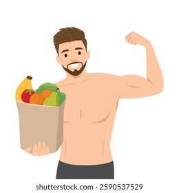 Man flexes his biceps while holding a grocery bag filled with fresh fruits and vegetables. Flat vector illustration isolated on white background