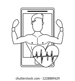 Man flexing muscular arms and gym equipment