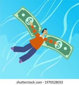 A man flies across the sky and has dollars instead of wings.