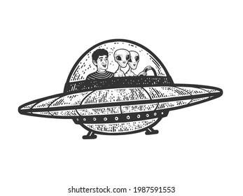 man flies with aliens in UFO flying saucer line art sketch engraving vector illustration. T-shirt apparel print design. Scratch board imitation. Black and white hand drawn image.