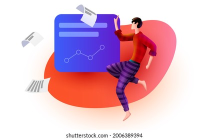 El hombre vuela alrededor de los elementos de solución de negocios. Análisis de datos. Analista de negocios. Ilustración del vector
