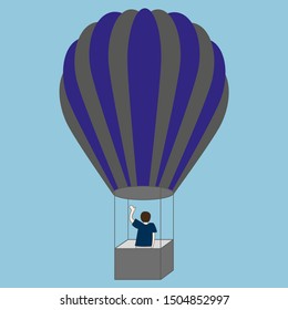 A man flies away in a balloon and waves his hand