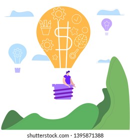 Man Flies Balloon Gets New Impression. Idea Generation. Creating Business Idea. New Technologies. Turn into Reality Thoughts. Balloon Walk. Reward for New Idea. Vector Illustration. Balloons in Sky.