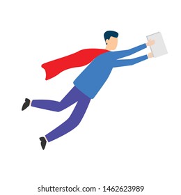 A man flies in a cloak with documents in his hands. EPS file. Flat cartoon character isolated on white background