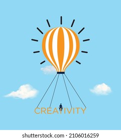 Man flies in creativity by hot air balloon. successful man, idea, creativity is the key to success