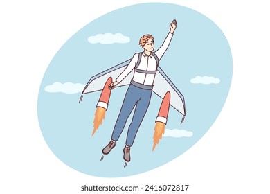 Man flies up with help of jet wings for concept of career growth or business success. Guy in casual clothes takes off into sky with clouds, portraying superhero. Flat vector illustration