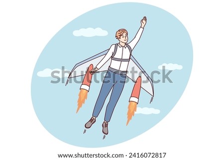 Man flies up with help of jet wings for concept of career growth or business success. Guy in casual clothes takes off into sky with clouds, portraying superhero. Flat vector illustration