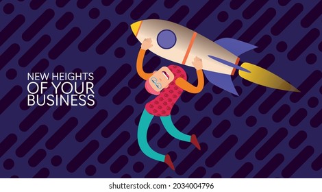 A man flies holding on to a rocket upside down to the heights of business. Vector banner