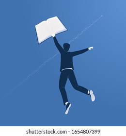 Un hombre vuela al cielo sosteniendo un libro. El concepto de desarrollo humano a través de la lectura de libros. Ilustración vectorial.