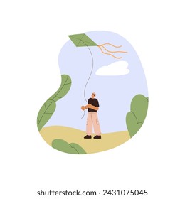 Man flies kite in park in summer holiday. Wind lifts flying toy in air. Happy guy stands, looks up in sky, plays outdoor. Freedom concept. Flat isolated vector illustration on white background