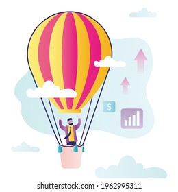 El hombre vuela en un gran globo de aire caliente a través de las nubes. El personaje masculino se alegra por el éxito del trabajo. Empresario alcanzó con éxito el objetivo. Concepto de logro de los objetivos y crecimiento del dinero.Ilustración vectorial plana