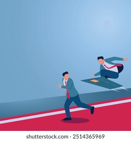 A man flies on a credit card while another runs, an illustration of competitive advantage.  Creative way or innovative way to win, best strategy to gain success.