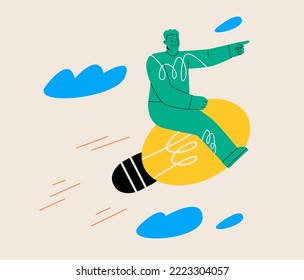 El hombre vuela sobre una enorme bombilla. Una idea exitosa. Ilustración vectorial colorida