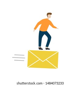 A man flies on a mail envelope. Illustration. Flat cartoon character isolated on white background