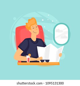 Man flies on a plane on vacation, time to travel, adventure. Flat design vector illustration.