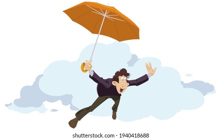 Man flies on umbrella. Businessman with golden parachute. Business concept cash compensation. Illustration concept for mobile website and internet development.