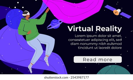 Man flies in outer space with planets and stars in VR headset and futuristic glasses interacting and exploring a virtual world. Metaverse digital virtual reality. Concept of future innovations.