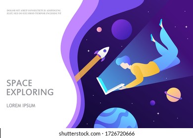 Man flies in space and looks into a laptop. Remote work and new technologies. Vector illustration. Template for web page, banner, poster, landing, presentation.