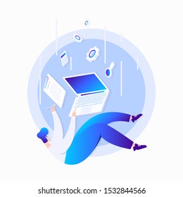 Man in flight. Vector illustration, businessman at work, the embodiment of new ideas, brainstorming. Work at the computer. Business concept achieving goals and dreams. Laptop and document analysis.