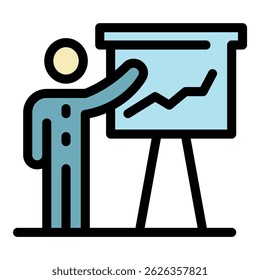 Ícone Man e flipchart. Homem de contorno e ícone de vetor de flipchart cor plana isolada