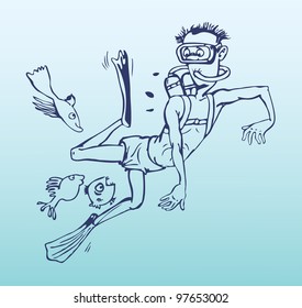 Man in flippers and diving under water. Tour for beginners.