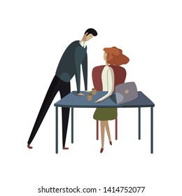 Man flirts with a woman in the office. Vector illustration on white background.