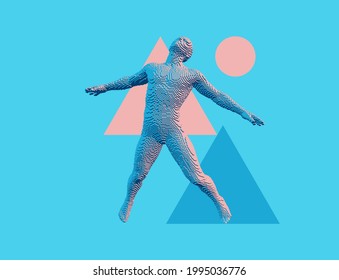 Man floating in the air. Take me higher. Meditating concept. Voxel art. 3D vector illustration.