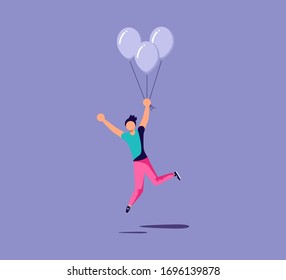 Man floating away on balloons. Metaphor of success and innovation as escaping from crisis and contingency. Isolated on purple. Flat Art Vector Illustration