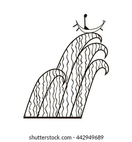 A man floating in a boat on the waves. Vector symbol. White and black.