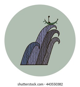 A man floating in a boat on the waves. Vector symbol. White and black.