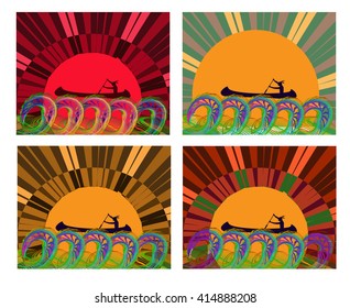 A man floating in a canoe against the sunset