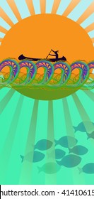 A man floating in a canoe. Fishes swim under. Vector