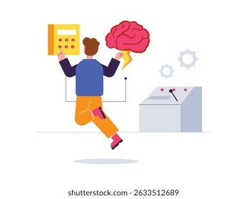 Man floating with idea machine, futuristic intellectual. Character design. Vector flat illustration