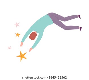 Man Floating in Imagination Dream, Male Person Flying in Dreams or Sky Wearing Casual Clothes Flat Style Vector Illustration