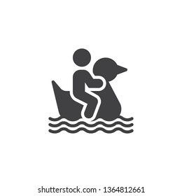 Man floating inflatable swan on water vector icon. filled flat sign for mobile concept and web design. Person sitting on inflatable swan in swimming pool glyph icon. Symbol, logo illustration. 