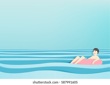 Man floating on the beach with beautiful sea background paper cut style vector illustration