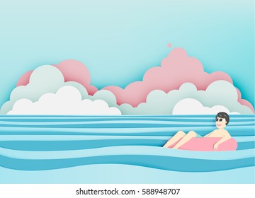 Man Floating On The Beach With Beautiful Sea Background Paper Cut Style Vector Illustration