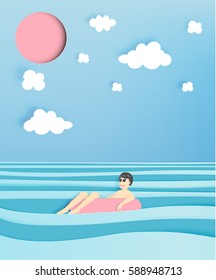 Man floating on the beach with beautiful sea background paper cut style vector illustration