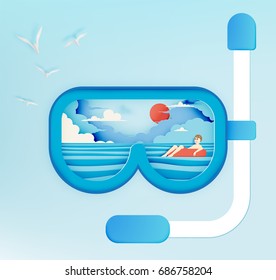 Man floating on the beach in the snorkel with beautiful sea background paper cut style vector illustration