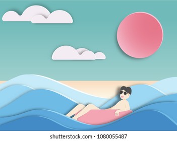 man floating on  beautiful sea background  paper cut style .candy color vector style.